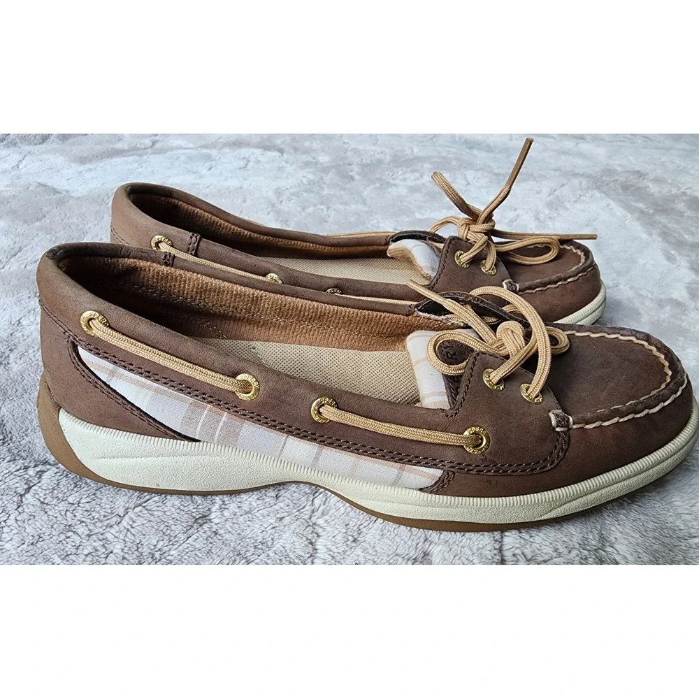 Sperry Angelfish Brown Leather Plaid Boat Shoes Womens 7 STS90332